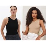 Actiwear Kadın 2'Li Paket Fitilli Halter Yaka Örme Atlet T-Shirt - Bej - Siyah