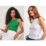 Actiwear Kadın 2'Li Paket Fitilli Halter Yaka Örme Atlet T-Shirt - Beyaz - Gri