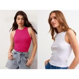 Actiwear Kadın 2'Li Paket Fitilli Halter Yaka Örme Atlet T-Shirt - Fuşya - Beyaz