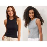 Actiwear Kadın 2'Li Paket Fitilli Halter Yaka Örme Atlet T-Shirt - Gri - Siyah