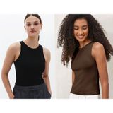 Actiwear Kadın 2'Li Paket Fitilli Halter Yaka Örme Atlet T-Shirt - Kahve - Siyah