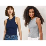 Actiwear Kadın 2'Li Paket Fitilli Halter Yaka Örme Atlet T-Shirt - Lacivert - Gri