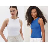 Actiwear Kadın 2'Li Paket Fitilli Halter Yaka Örme Atlet T-Shirt - Saks - Beyaz