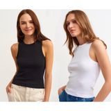 Actiwear Kadın 2'Li Paket Fitilli Halter Yaka Örme Atlet T-Shirt - Siyah - Beyaz