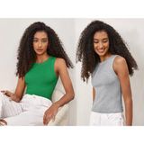 Actiwear Kadın 2'Li Paket Fitilli Halter Yaka Örme Atlet T-Shirt - Yeşil - Gri
