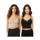 ACTRİS 2'li Crop Takım Askılı Dantelli Pedli Büstiyer Bluz Siyah-Krem S