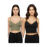 ACTRİS 2'li Crop Takım Askılı Dantelli Pedli Büstiyer Bluz Siyah-Yeşil S