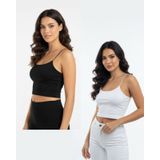 ACTRİS Siyah ve Beyaz İkili Set İp Askılı Crop Top Astarlı Büstiyer Bluz Siyah-Beyaz S