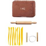Acuto Kahve Çamur Kırmızı Kil Seramik Hamuru 1 kg Plastik Ebeşuar Seti Ahşap Merdane Çamur Kesme Teli