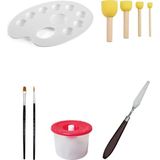 Acuto Resim Paleti 19 cm Ponpon Fırça Seti Düz Fırça Yuvarlak Fırça Su Kabı Metal Spatül