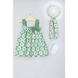 Ada Bebek Çocuk Şapkalı Çiçek Desenli Elbise Babet Çorap Set 008 - 6 - 9 Ay - Yeşil