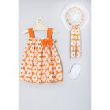 Ada Bebek Çocuk Şapkalı Çiçek Desenli Elbise Babet Çorap Set 012 - 6 - 9 Ay - Turuncu - Beyaz