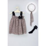 Ada Bebek Çocuk Şapkalı Leopar Desenli Elbise Dizaltı Fiyonk Çorap Set 008 - 6 - 9 Ay - Siyah - Leopar