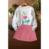 Ada Bebek Çocuk Tarz Ekose Etek Desenli Sweat Etek Alt Üst Takım - Pembe - 3 - 4 Yaş