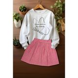 Ada Bebek Çocuk Tarz Ekose Etek Kelebek Desenli Sweat Etek Alt Üst Takım - Pembe - 3 - 4 Yaş