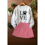 Ada Bebek Çocuk Tarz Ekose Etek Love Pati Sweat Etek Alt Üst Takım - Pembe - 3 - 4 Yaş