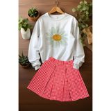 Ada Bebek Çocuk Tarz Ekose Etekli Watercolor Papatya Desenli Sweat Etek Takım - Kırmızı - 3 - 4 Yaş