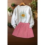 Ada Bebek Çocuk Tarz Ekose Etekli Watercolor Papatya Desenli Sweat Etek Takım - Pembe - 3 - 4 Yaş