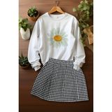 Ada Bebek Çocuk Tarz Ekose Etekli Watercolor Papatya Desenli Sweat Etek Takım - Siyah - 4 - 5 Yaş