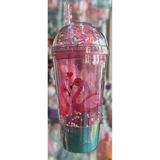 Ada Çanta Kırtasiye Flamingo Figürlü Işıklı Model Süslü Kapaklı Pipetli Plastik Bardak 450ML NR491755