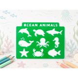 Ada Goods Montessori Deniz Canlıları Eğitici Çizim Şablonu (20X15 Cm) - Çocuklar Için Okyanus Hayvanları Stencil Cetveli - Yeşil