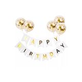 Ada Party Happy Bırthday Beyaz Varaklı Banner Yazı Konfetili Şeffaf Balon Seti