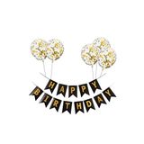 Ada Party Happy Bırthday Siyah Varaklı Banner Yazı Konfetili Şeffaf Balon Seti Parti Seti