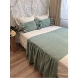 Adaçayı Yeşili Fırfırlı Yatak Runner ve Iç Dolgulu Kırlent Seti Çift Kişilik - Açık Yeşil - 70 x 260 cm