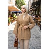 adamila Kadın Karamel Kuşaklı Tesettür Kimono Kap Mevsimlik Astarsız Ceket Günlük Şık Tesettür Kimono