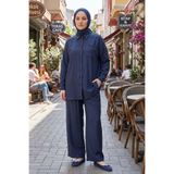adamila Kadın Lacivert İkili Tesettür Takım Oversize Gömlek Pantolon Rahat Kalıp Yazlık Şık Günlük Tesettür