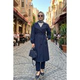 adamila Kadın Lacivert Kuşaklı Tesettür Trençkot Mevsimlik Uzun Kap Ceket Çift Düğmeli Şık Ofis & Günlük