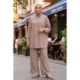 adamila Kadın Vizon İkili Tesettür Takım Oversize Gömlek Pantolon Rahat Kalıp Yazlık Şık Günlük Tesettür Ko