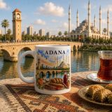 Adana Temalı Baskılı Porselen Kupa | Taş Köprü, Sabancı Merkez Camii, Seyhan Nehri ve Tarihi Adana Manzaralı Koleksiyonluk Kahve ve Çay Kupası | Özel Tasarım Bardak - Renkli - 330 ml