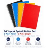 Adasra 96 Yaprak Spiralli Defter Seti – 2 Adet Kareli + 2 Adet Çizgili
