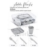 Adda Works 6 Kişilik Piknik Seti 32 Parça Kamp Seti Saklama Kutulu Tabak Bardak Çatal Kaşık Bıçak Taşınabilir Outdoor Yemek Seti Gri