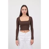 Addax Uzun Kollu Kare Yaka Basic Bordo Kadın Crop Bluz