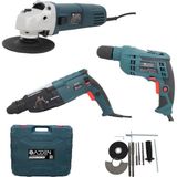 Adden 3 Lü Profesyonel Elektrikli El Aletleri Seti Kırıcı Delici Hilti Darbeli Matkap ve 125 mm Avuç Taşlama Spiral Makinesi Kombo Set