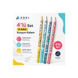 Adel 2B Kurşun Kalem 4’Lü Set Renkli Desenli Ahşap Gövdeli Okul Çocuk Yazı Kalemi