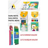 Adel Kırtasiye Seti 12'li Kuru Boya Sulu Boya Pastel Boya Kurşun Kalem Kırmızı Kalem