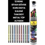 Adel Türk Malı 12 Renk Kuru Boya Kalemi Metal Tüp Altıgen Siyah Gövde Çok Renkli Kalemler