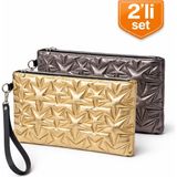 Adelina Bags 2'li Çanta Paketi Yıldız Desenli Portföy El Çantası Bilek Askılı Clutch Çanta - Gold