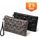 Adelina Bags 2'li Çanta Paketi Yıldız Desenli Portföy El Çantası Bilek Askılı Clutch Çanta - Siyah