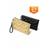 Adelina Bags 2'li Çanta Paketi Yıldız Desenli Portföy El Çantası Bilek Askılı Clutch Çanta
