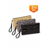Adelina Bags 3'lü Çanta Paketi Yıldız Desenli Portföy El Çantası Bilek Askılı Clutch Çanta