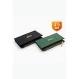 Adelina Bags Kadın Cüzdanı, Simli Görünümlü, 2'li Set, Siyah ve Yeşil
