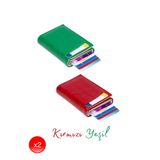 Adelina Bags Otomatik Mekanizmalı Kartlık, Kırmızı Yeşil, 2'li Set, Vegan Deri, RFID Korumalı