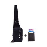 Adelina Bags Siyah Hakiki Deri Göğüs ve Omuz Çanta, Mekanizmalı Kartlık Cüzdan Seti, Unisex