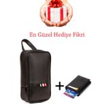 Adelina Erkek Siyah Seyahat Portföy Clutch El Çanta ve Mekanizmalı Kartlık Cüzdan