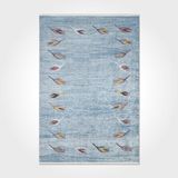 Adeline Mavi Çiçekli Modern Geometrik Etnik Desenli Boho Makinada Yıkanabilir Hafif Hav Toz Vermez Leke Tutmaz Kaymaz Taban Dijital Makine Baskı Halı Oturma Odası Salon Yolluk Koridor Mutfak Halısı