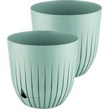 Adet Çizgi Saksı Seti Tabaklı Delikli Plastik Çiçek Saksısı Set (Yeşil, 5 Litre)